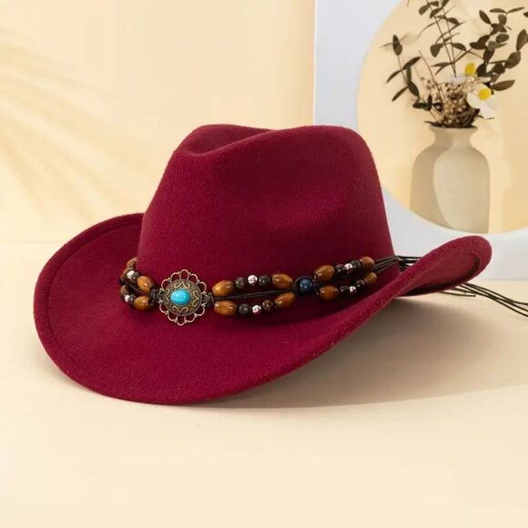 Syrios Gifts Accessories - Maroon, Red Cowboy & Cowgirl‎ Hat – Wide Brim, Turquoise Beads, Western Look